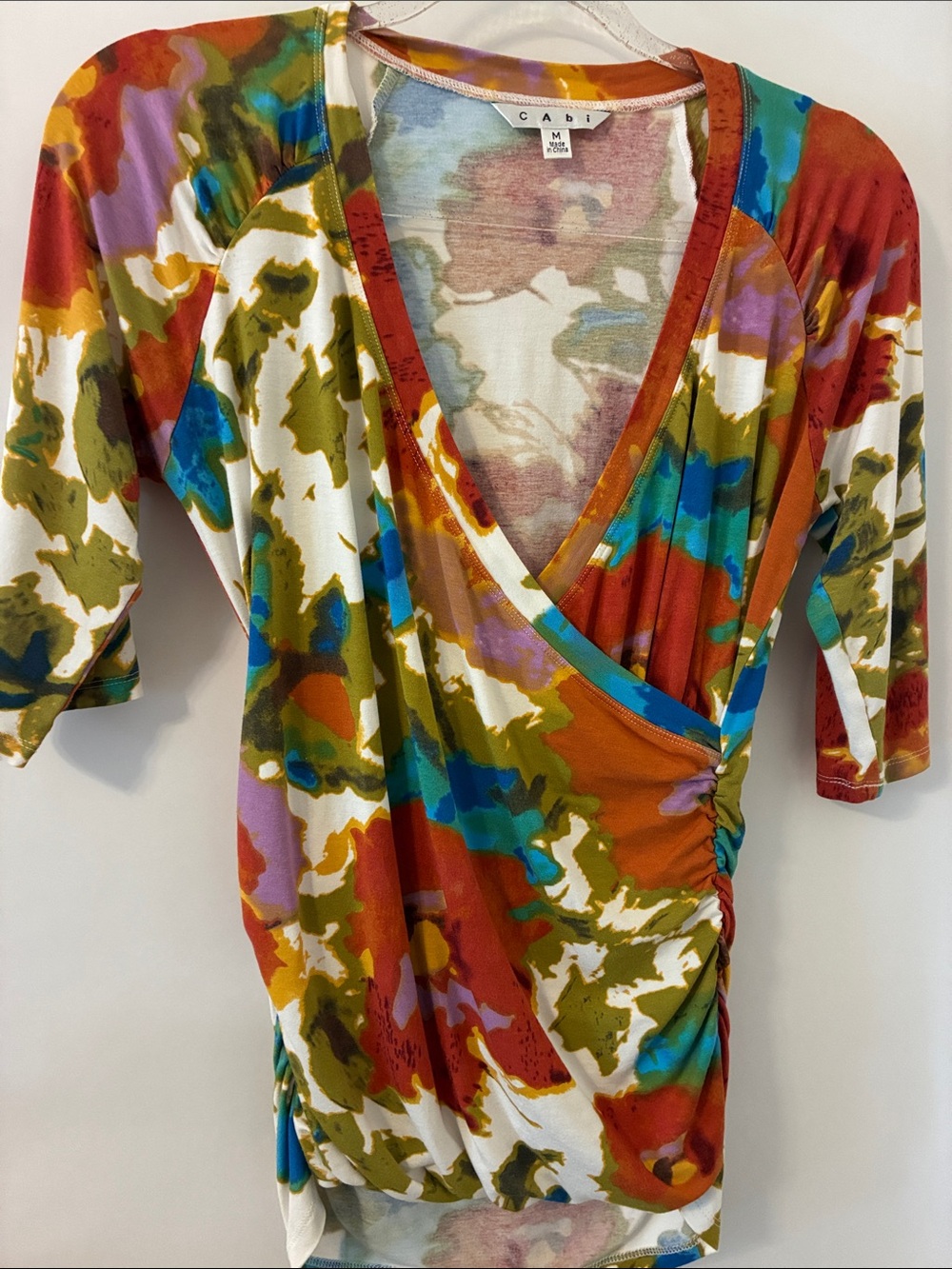 CAbi Multicolor Abstract Wrap V-Neck Top with Rust, Olive, Teal, Purple, White